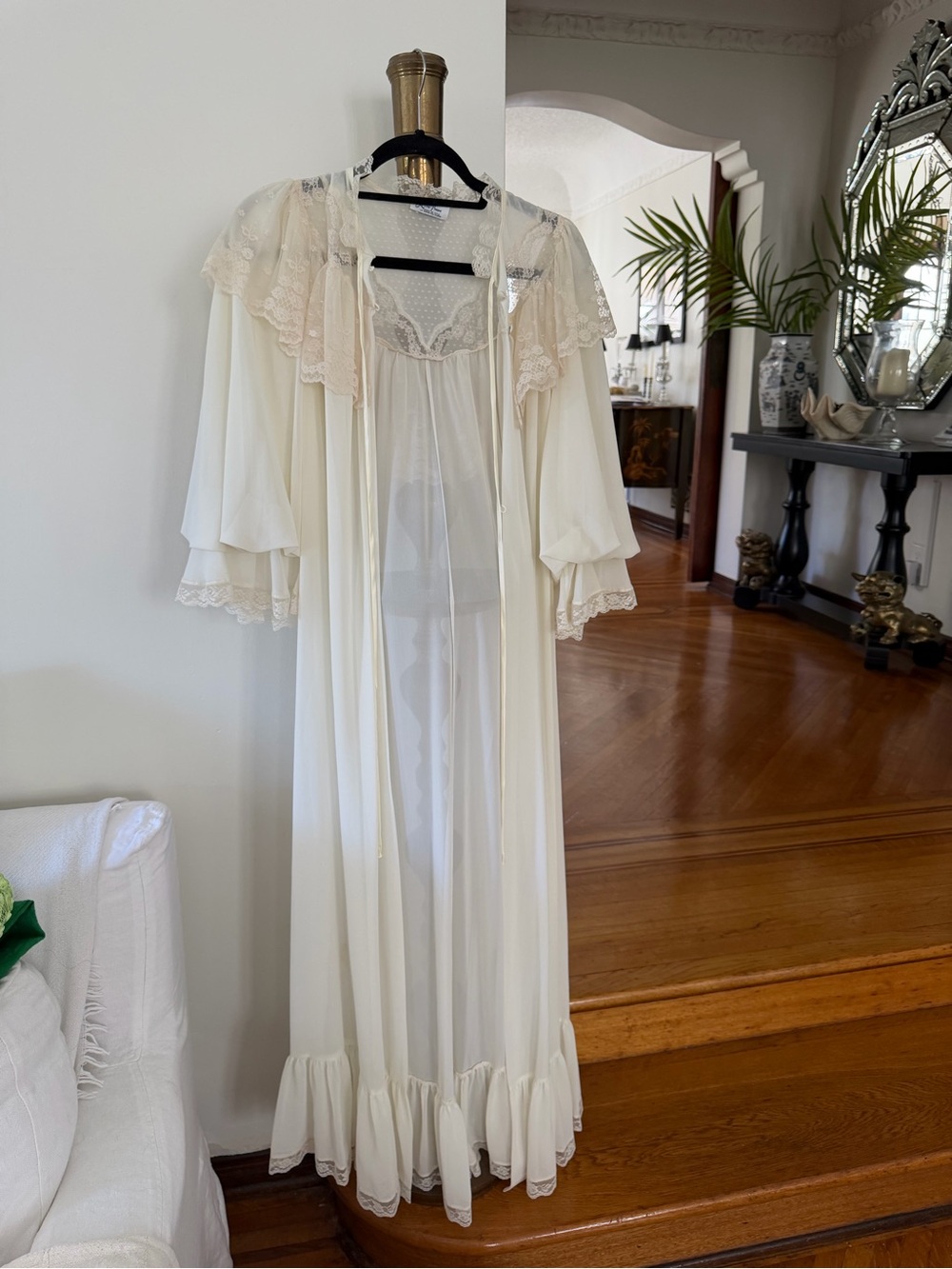 Sheer Ivory Lace-Trim Long Robe with Tie Closure “Lucie Ann”